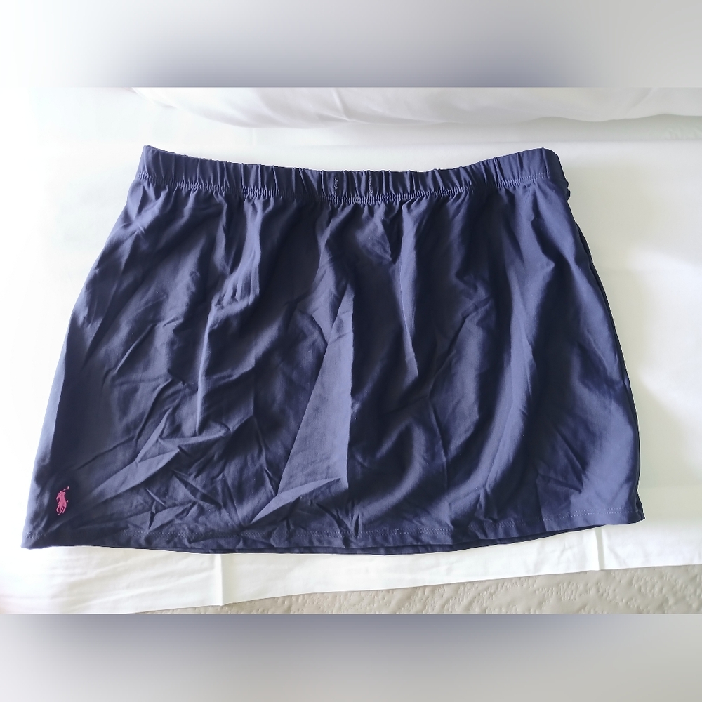 Ralph Lauren Dark Blue Elastic Waist Swim Bottom Cover Skirt With Deep Pink Logo